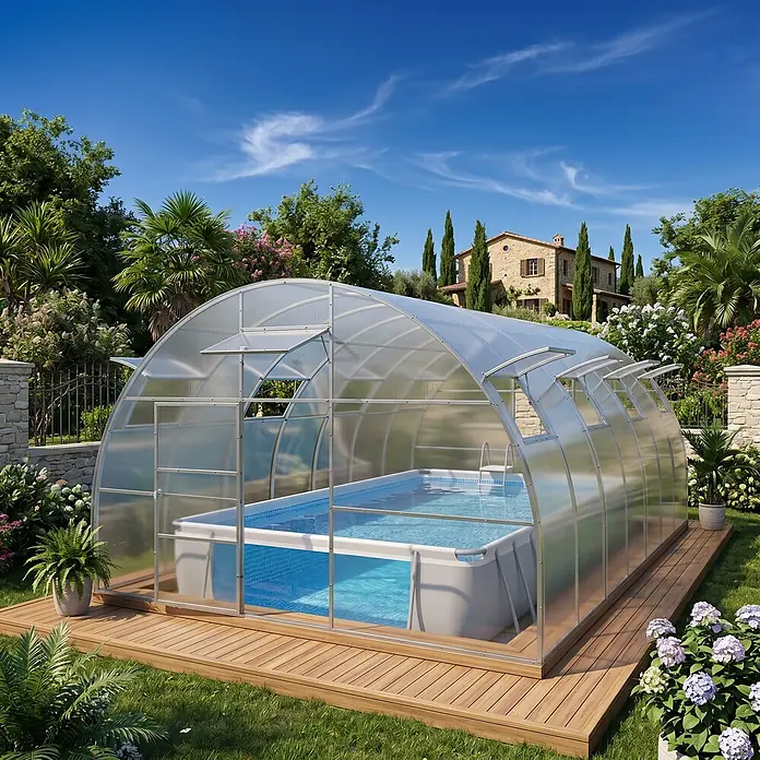 Garten Dream Poolüberdachung Nero, 10mm Polycarbonat - Passend für: Aufstellpools und eingelassene Pools, L x B x H: 800 x 500 x 300 cm - Transparente, gewellte Poolüberdachung mit Aluminiumrahmen, die einen Aufstellpool in einem sonnigen Garten abdeckt.