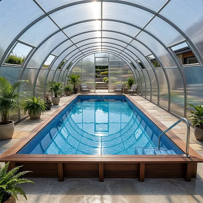 Garten Dream Poolüberdachung Nero, 10mm Polycarbonat - Passend für: Aufstellpools und eingelassene Pools, L x B x H: 800 x 500 x 300 cm - Ein gewölbtes Schwimmbad-Gehege mit transparenten Paneelen und Metallrahmen, das ein Innenbecken mit blauen Fliesen und Pflanzen umgibt.