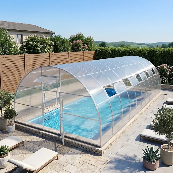 Garten Dream Poolüberdachung Nero, 10mm Polycarbonat - Passend für: Aufstellpools und eingelassene Pools, L x B x H: 800 x 500 x 300 cm - Eine gewölbte, transparente Poolüberdachung mit silbernem Rahmen bedeckt einen Außenpool, mit offenem Zugang und Lüftungsfenstern.