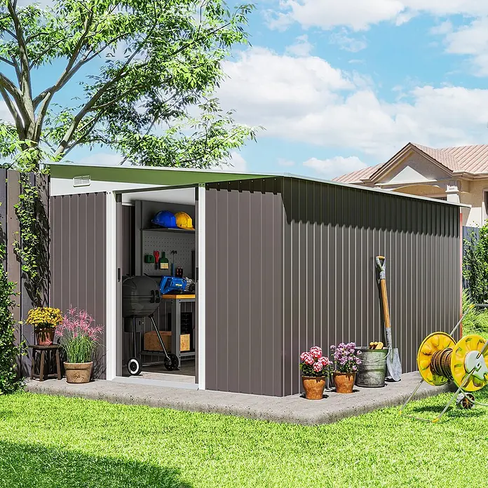 SONNENH Gerätehaus - Außenbreite inkl. Dachüberstand: 280 cm, Außentiefe inkl. Dachüberstand: 345 cm, Stahl, Grau