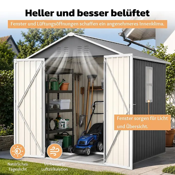 SONNENH Gerätehaus - Außenbreite inkl. Dachüberstand: 184,8 cm, Außentiefe inkl. Dachüberstand: 182 cm, Metall, Grau