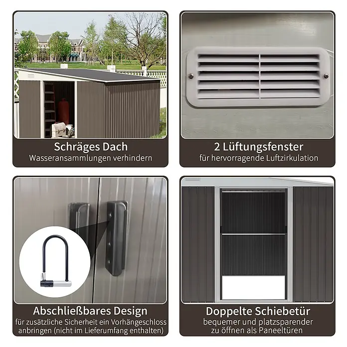 SONNENH Gerätehaus - Außenbreite inkl. Dachüberstand: 280 cm, Außentiefe inkl. Dachüberstand: 345 cm, Stahl, Grau
