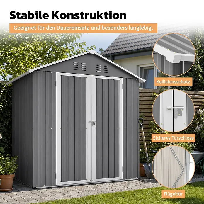 SONNENH Gerätehaus - Außenbreite inkl. Dachüberstand: 184,8 cm, Außentiefe inkl. Dachüberstand: 182 cm, Metall, Grau