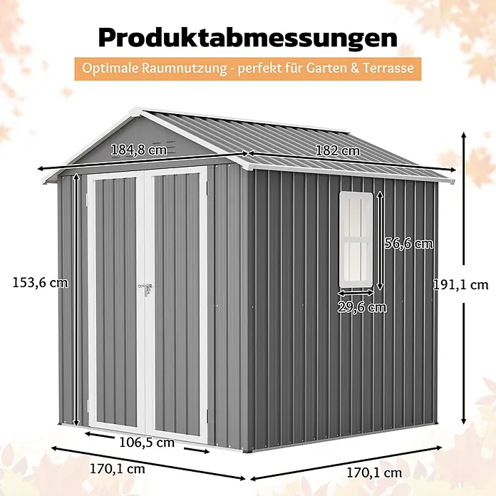 SONNENH Gerätehaus - Außenbreite inkl. Dachüberstand: 184,8 cm, Außentiefe inkl. Dachüberstand: 182 cm, Metall, Grau