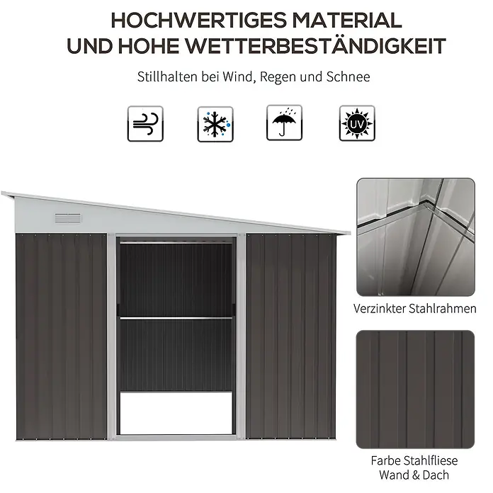 SONNENH Gerätehaus - Außenbreite inkl. Dachüberstand: 280 cm, Außentiefe inkl. Dachüberstand: 345 cm, Stahl, Grau