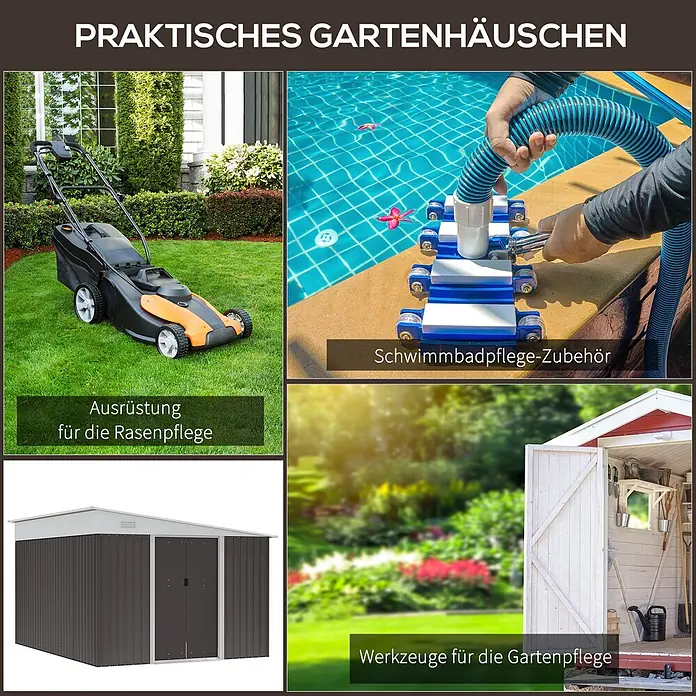 SONNENH Gerätehaus - Außenbreite inkl. Dachüberstand: 280 cm, Außentiefe inkl. Dachüberstand: 345 cm, Stahl, Grau