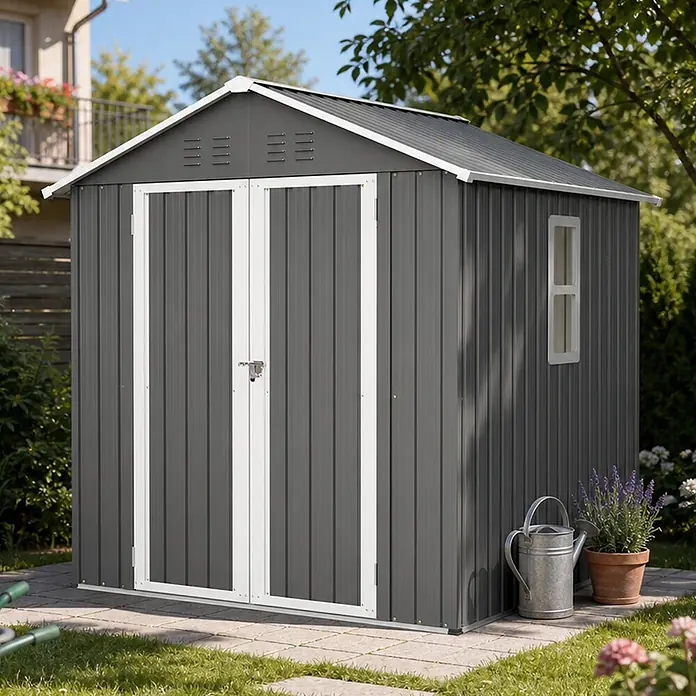 SONNENH Gerätehaus - Außenbreite inkl. Dachüberstand: 184,8 cm, Außentiefe inkl. Dachüberstand: 182 cm, Metall, Grau