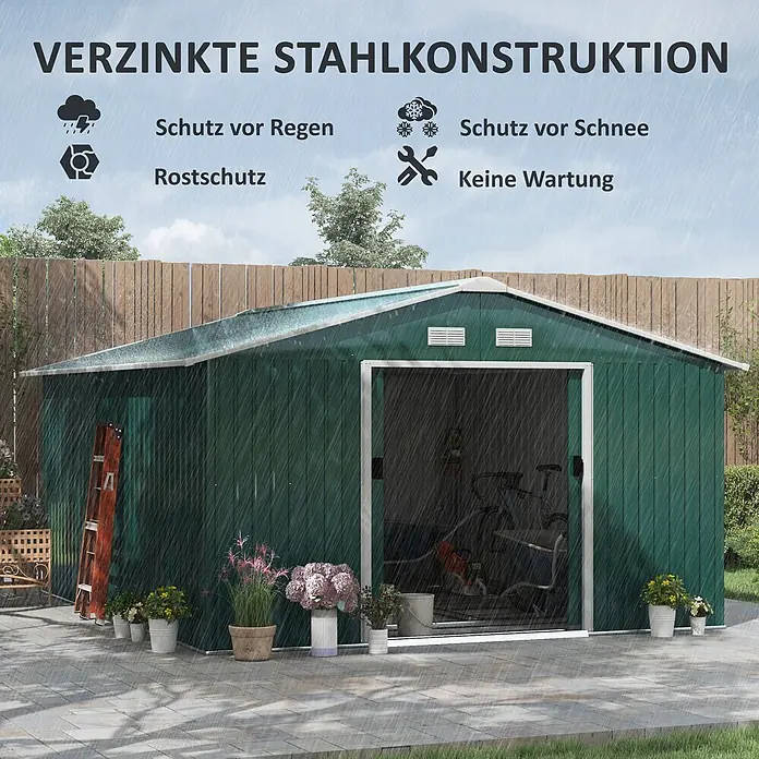 SONNENH Gerätehaus - Außenbreite inkl. Dachüberstand: 340 cm, Außentiefe inkl. Dachüberstand: 386 cm, Stahl, Grün