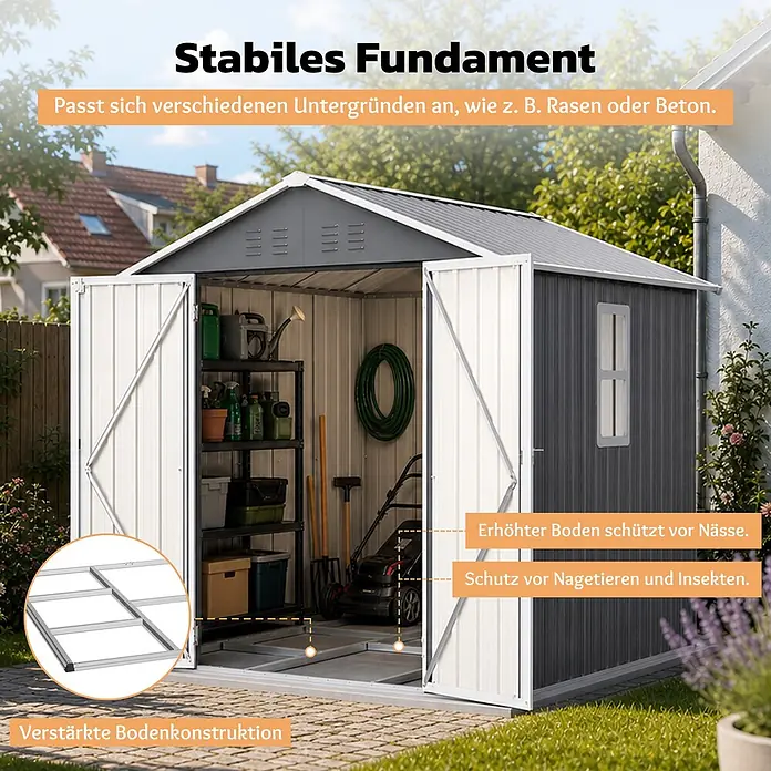 SONNENH Gerätehaus - Außenbreite inkl. Dachüberstand: 184,8 cm, Außentiefe inkl. Dachüberstand: 182 cm, Metall, Grau