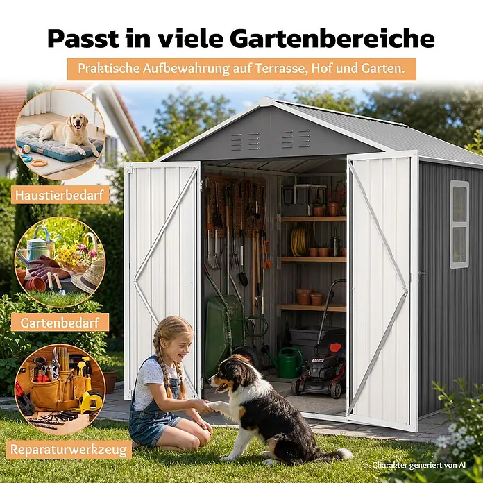 SONNENH Gerätehaus - Außenbreite inkl. Dachüberstand: 184,8 cm, Außentiefe inkl. Dachüberstand: 182 cm, Metall, Grau