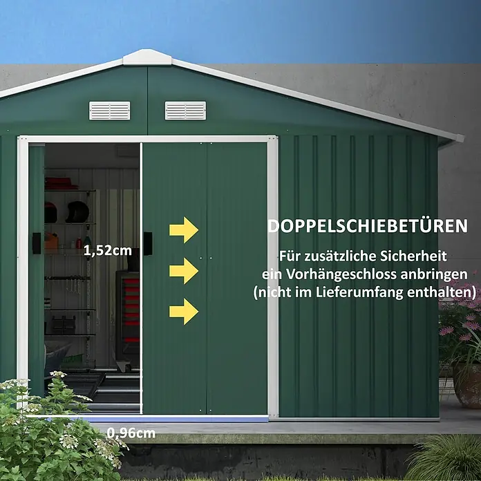 SONNENH Gerätehaus - Außenbreite inkl. Dachüberstand: 340 cm, Außentiefe inkl. Dachüberstand: 386 cm, Stahl, Grün