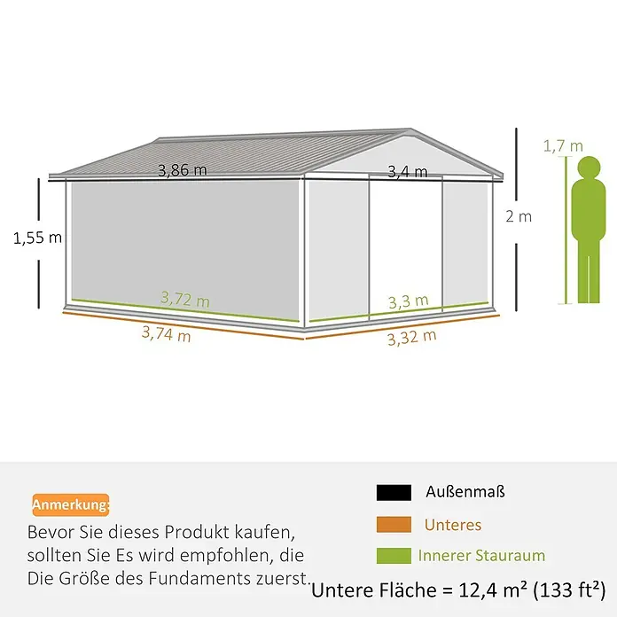 SONNENH Gerätehaus - Außenbreite inkl. Dachüberstand: 340 cm, Außentiefe inkl. Dachüberstand: 386 cm, Stahl, Grün