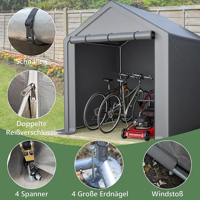 SONNENH Gerätehaus - Außenbreite inkl. Dachüberstand: 190 cm, Außentiefe inkl. Dachüberstand: 170 cm, Metall, Grau