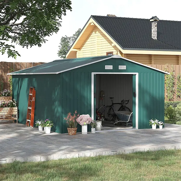 SONNENH Gerätehaus - Außenbreite inkl. Dachüberstand: 340 cm, Außentiefe inkl. Dachüberstand: 386 cm, Stahl, Grün
