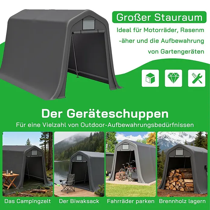 SONNENH Gerätehaus - Außenbreite inkl. Dachüberstand: 213 cm, Außentiefe inkl. Dachüberstand: 366 cm, Metall, Grau