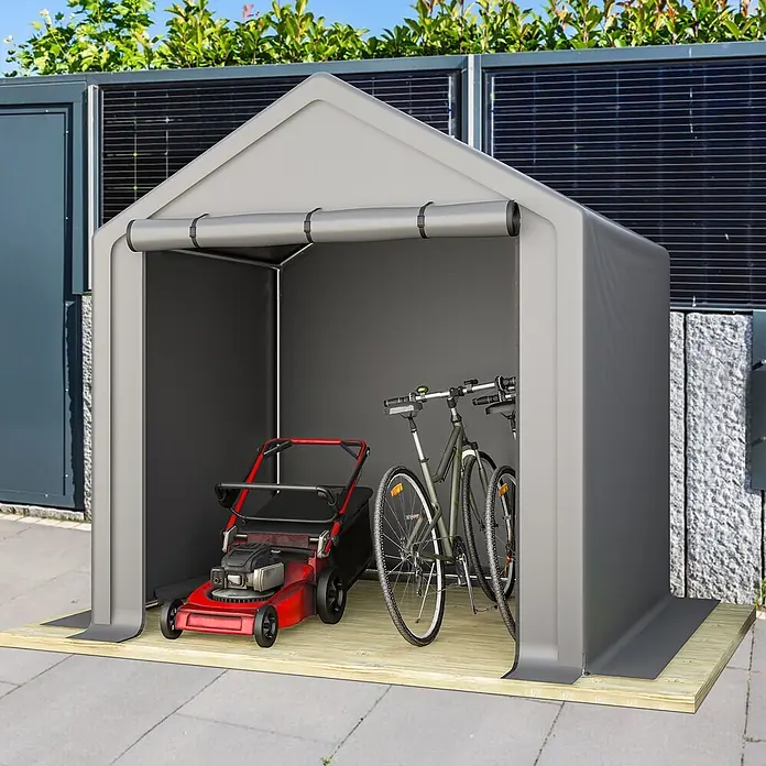 SONNENH Gerätehaus - Außenbreite inkl. Dachüberstand: 190 cm, Außentiefe inkl. Dachüberstand: 170 cm, Stahl, Grau - Graues Outdoor-Lagerzelt auf Holzbasis, schützt roten Rasenmäher und zwei Fahrräder. Ideal zum Schutz von Gartengeräten und Fahrrädern vor Witterung.