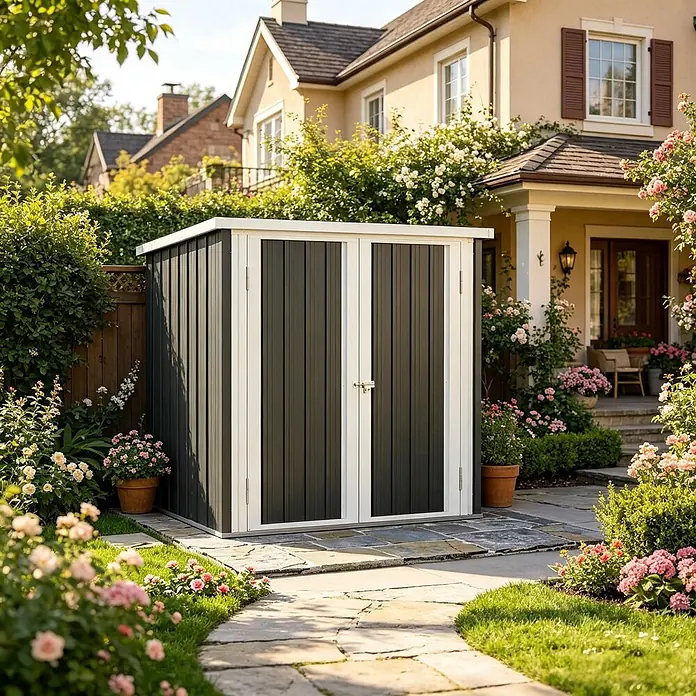SONNENH Gerätehaus - Außenbreite inkl. Dachüberstand: 147 cm, Außentiefe inkl. Dachüberstand: 86 cm, Stahl, Schwarz