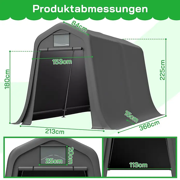 SONNENH Gerätehaus - Außenbreite inkl. Dachüberstand: 213 cm, Außentiefe inkl. Dachüberstand: 366 cm, Metall, Grau