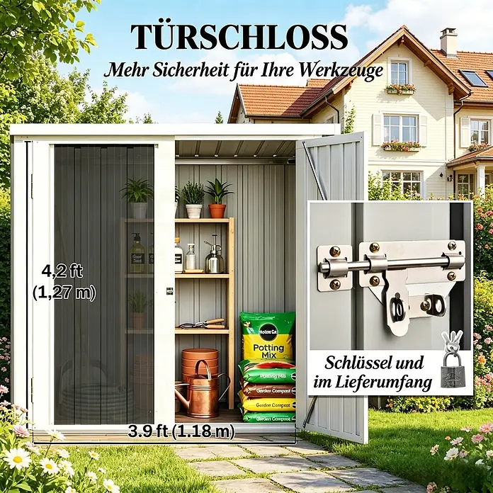 SONNENH Gerätehaus - Außenbreite inkl. Dachüberstand: 147 cm, Außentiefe inkl. Dachüberstand: 86 cm, Stahl, Schwarz
