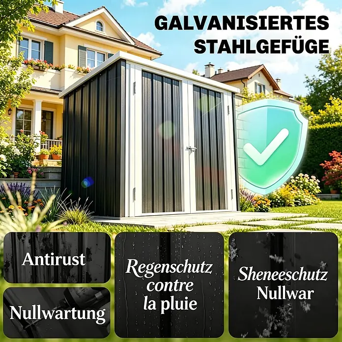 SONNENH Gerätehaus - Außenbreite inkl. Dachüberstand: 147 cm, Außentiefe inkl. Dachüberstand: 86 cm, Stahl, Schwarz