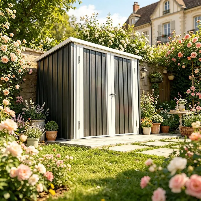 SONNENH Gerätehaus - Außenbreite inkl. Dachüberstand: 147 cm, Außentiefe inkl. Dachüberstand: 86 cm, Stahl, Schwarz