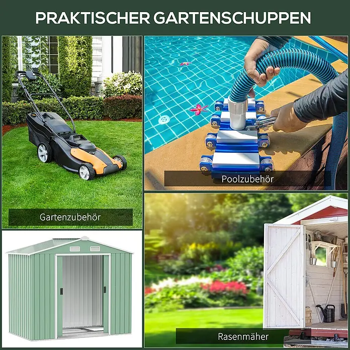 SONNENH Gerätehaus - Außenbreite inkl. Dachüberstand: 213 cm, Außentiefe inkl. Dachüberstand: 130 cm, Stahl, Grün