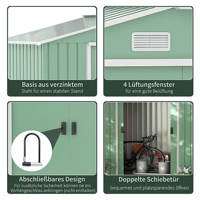 SONNENH Gerätehaus - Außenbreite inkl. Dachüberstand: 213 cm, Außentiefe inkl. Dachüberstand: 130 cm, Stahl, Grün