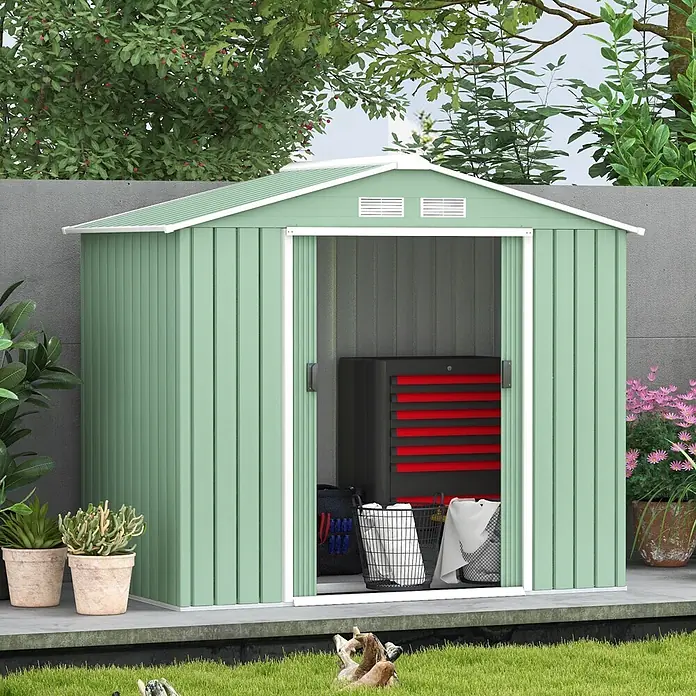 SONNENH Gerätehaus - Außenbreite inkl. Dachüberstand: 213 cm, Außentiefe inkl. Dachüberstand: 130 cm, Stahl, Grün