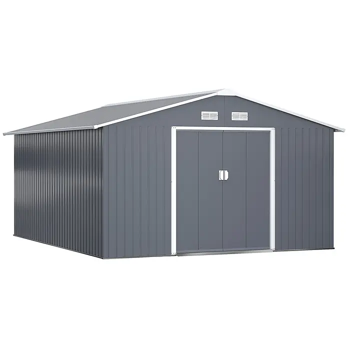 SONNENH Gerätehaus - Außenbreite inkl. Dachüberstand: 340 cm, Außentiefe inkl. Dachüberstand: 386 cm, Stahl, Grau