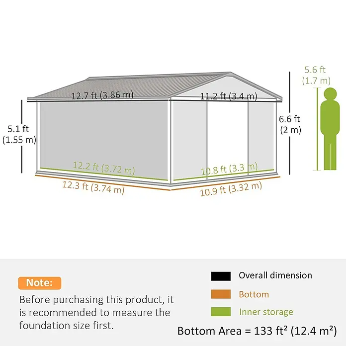 SONNENH Gerätehaus - Außenbreite inkl. Dachüberstand: 340 cm, Außentiefe inkl. Dachüberstand: 386 cm, Stahl, Grau