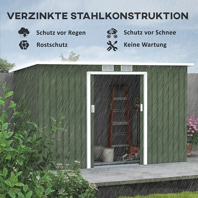 SONNENH Gerätehaus - Außenbreite inkl. Dachüberstand: 280 cm, Außentiefe inkl. Dachüberstand: 130 cm, Stahl, Grün