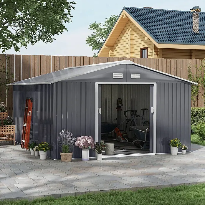 SONNENH Gerätehaus - Außenbreite inkl. Dachüberstand: 340 cm, Außentiefe inkl. Dachüberstand: 386 cm, Stahl, Grau