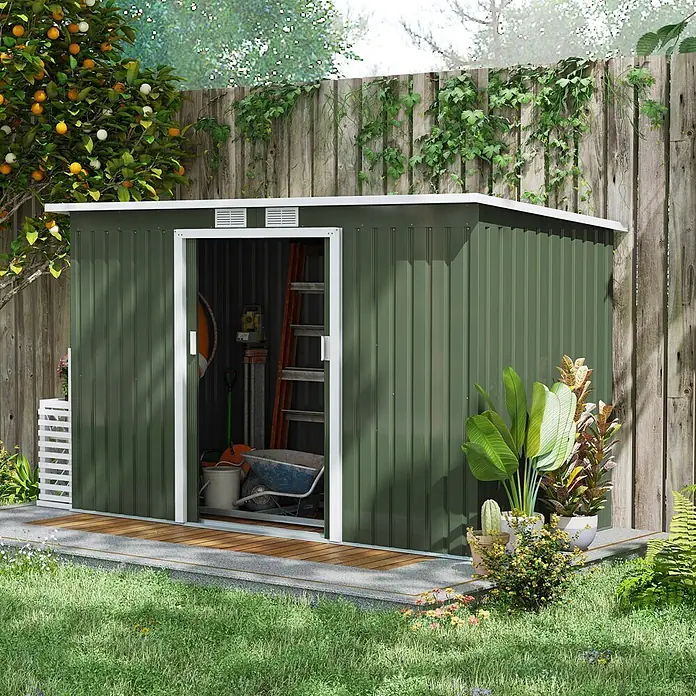 SONNENH Gerätehaus - Außenbreite inkl. Dachüberstand: 280 cm, Außentiefe inkl. Dachüberstand: 130 cm, Stahl, Grün