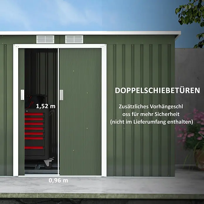 SONNENH Gerätehaus - Außenbreite inkl. Dachüberstand: 280 cm, Außentiefe inkl. Dachüberstand: 130 cm, Stahl, Grün