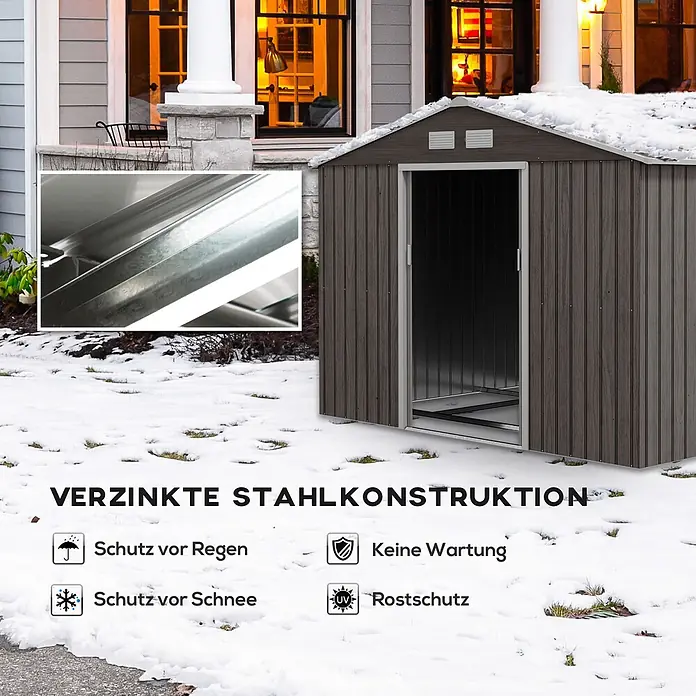 SONNENH Gerätehaus - Außenbreite inkl. Dachüberstand: 277 cm, Außentiefe inkl. Dachüberstand: 195 cm, Stahl, Grau