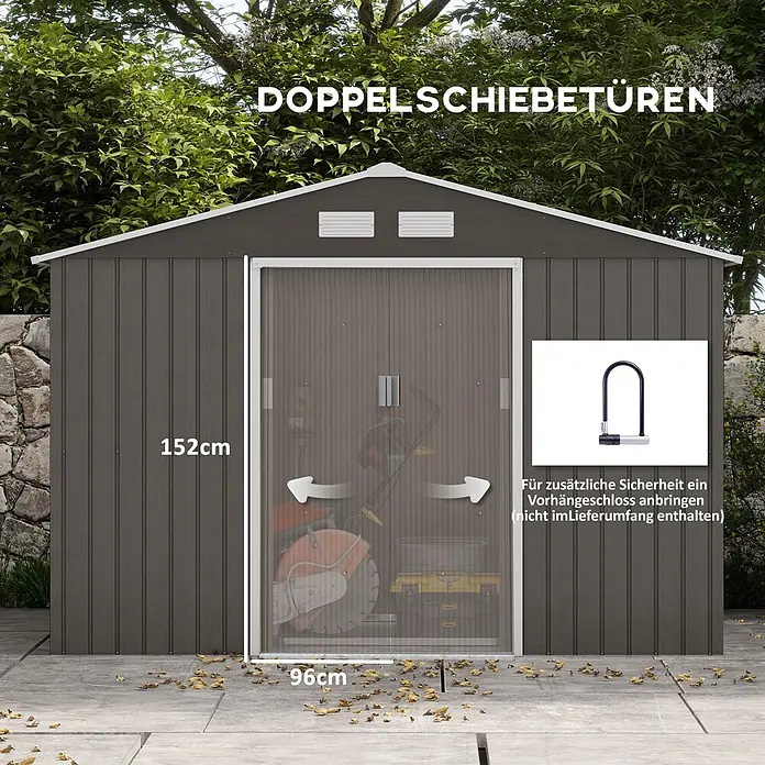 SONNENH Gerätehaus - Außenbreite inkl. Dachüberstand: 277 cm, Außentiefe inkl. Dachüberstand: 195 cm, Stahl, Grau