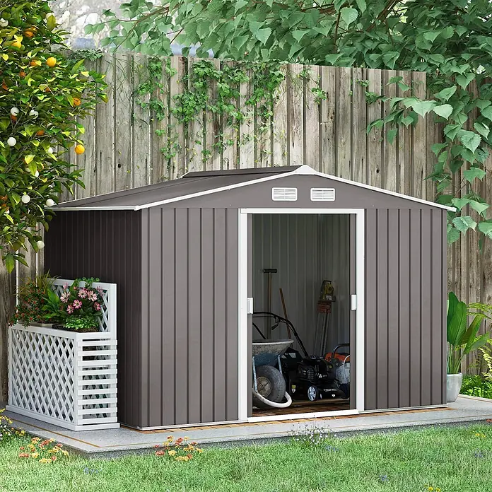SONNENH Gerätehaus - Außenbreite inkl. Dachüberstand: 277 cm, Außentiefe inkl. Dachüberstand: 195 cm, Stahl, Grau