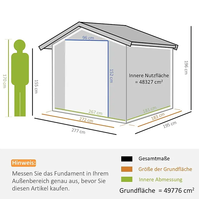 SONNENH Gerätehaus - Außenbreite inkl. Dachüberstand: 277 cm, Außentiefe inkl. Dachüberstand: 195 cm, Stahl, Grau