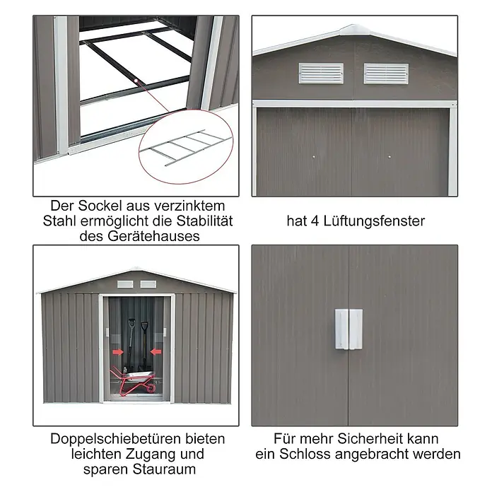 SONNENH Gerätehaus - Außenbreite inkl. Dachüberstand: 277 cm, Außentiefe inkl. Dachüberstand: 195 cm, Stahl, Grau