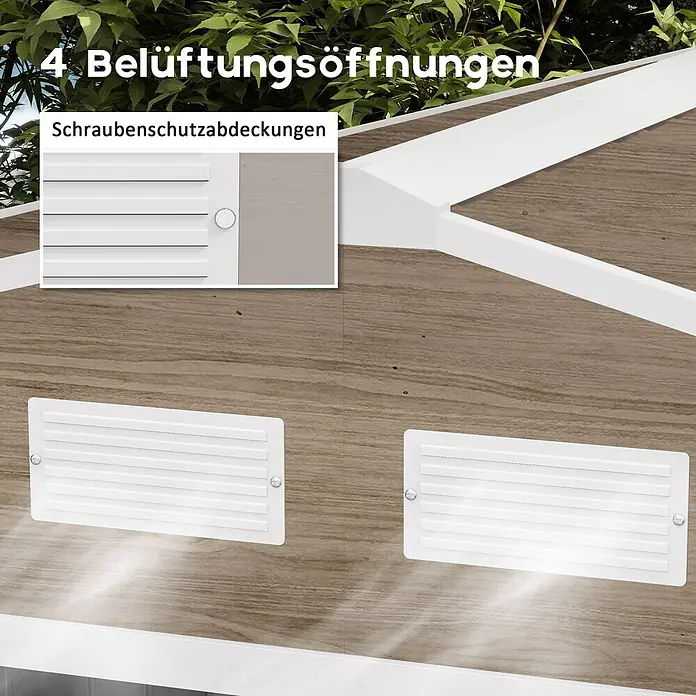 SONNENH Gerätehaus - Außenbreite inkl. Dachüberstand: 277 cm, Außentiefe inkl. Dachüberstand: 195 cm, Stahl, Braun - Zwei weiße Lüftungsschlitze auf holzähnlicher Oberfläche. Ein Ausschnitt zeigt Lüftungsdetail und Schraubenschutzabdeckungen.