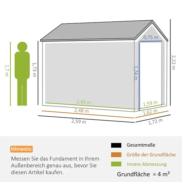 SONNENH Gerätehaus - Außenbreite inkl. Dachüberstand: 259 cm, Außentiefe inkl. Dachüberstand: 172 cm, Stahl, Dunkelgrau