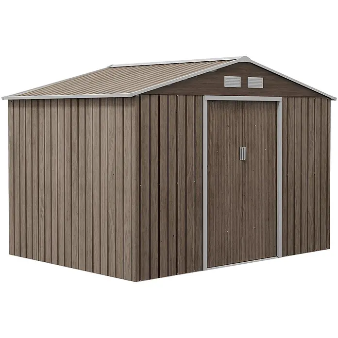 SONNENH Gerätehaus - Außenbreite inkl. Dachüberstand: 277 cm, Außentiefe inkl. Dachüberstand: 195 cm, Stahl, Braun - Ein braunes Metall-Gartenhaus in Holzoptik mit hellbraunem Wellblechdach. Es hat eine Doppeltür und zwei kleine Lüftungsschlitze.