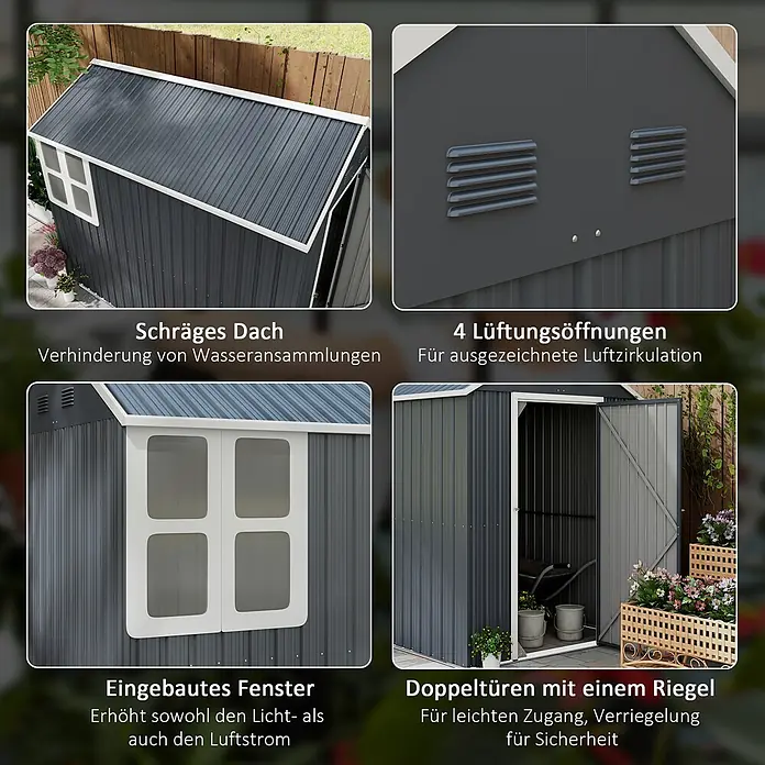 SONNENH Gerätehaus - Außenbreite inkl. Dachüberstand: 259 cm, Außentiefe inkl. Dachüberstand: 172 cm, Stahl, Dunkelgrau