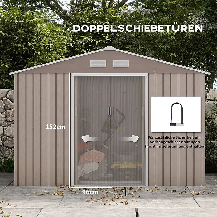SONNENH Gerätehaus - Außenbreite inkl. Dachüberstand: 277 cm, Außentiefe inkl. Dachüberstand: 195 cm, Stahl, Braun - Braunes Gartenhaus mit Doppelschiebetüren, Türöffnung 96x152cm. Vorhängeschloss zur Sicherung nicht enthalten.