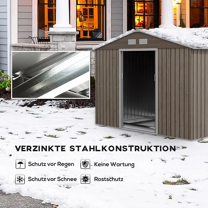 SONNENH Gerätehaus - Außenbreite inkl. Dachüberstand: 277 cm, Außentiefe inkl. Dachüberstand: 195 cm, Stahl, Braun - Brauner Gartenschuppen aus verzinktem Stahl im Schnee, mit Wetterschutzfunktionen.