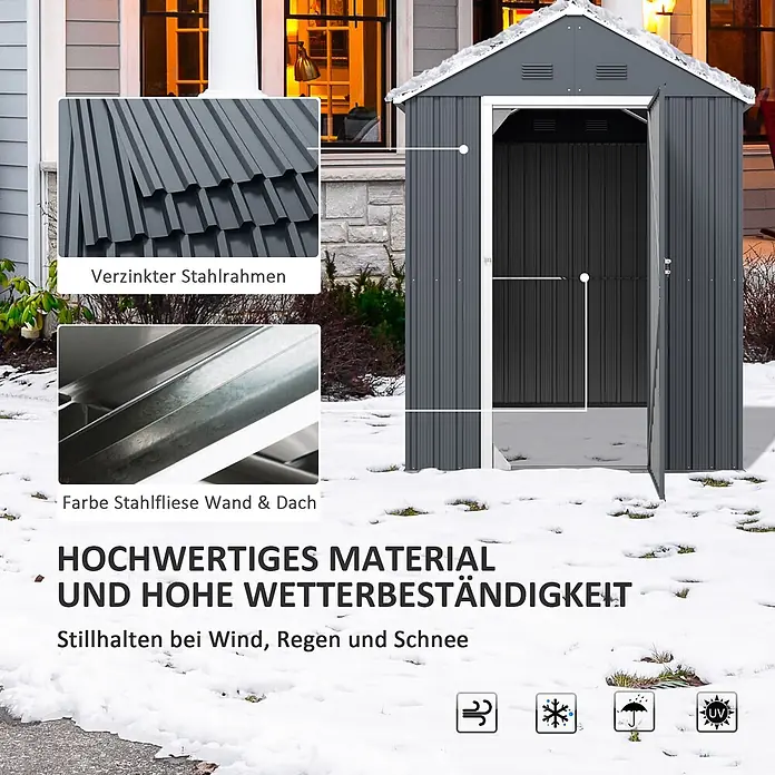 SONNENH Gerätehaus - Außenbreite inkl. Dachüberstand: 259 cm, Außentiefe inkl. Dachüberstand: 172 cm, Stahl, Dunkelgrau