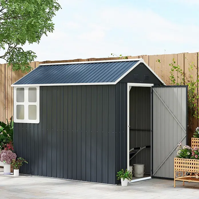 SONNENH Gerätehaus - Außenbreite inkl. Dachüberstand: 259 cm, Außentiefe inkl. Dachüberstand: 172 cm, Stahl, Dunkelgrau