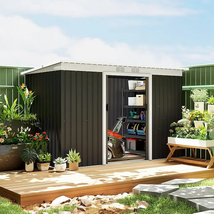 SONNENH Gerätehaus - Außenbreite inkl. Dachüberstand: 280 cm, Außentiefe inkl. Dachüberstand: 130 cm, Stahl, Grau