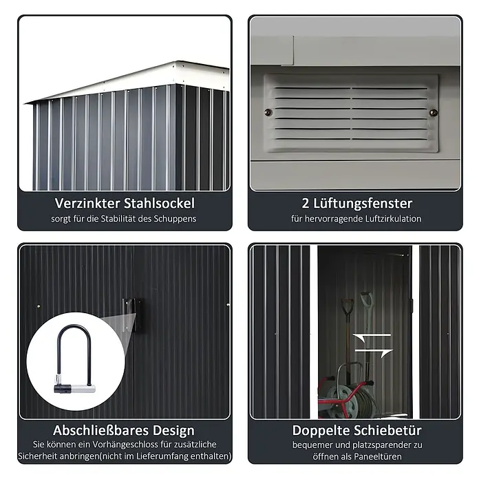 SONNENH Gerätehaus - Außenbreite inkl. Dachüberstand: 280 cm, Außentiefe inkl. Dachüberstand: 130 cm, Stahl, Grau