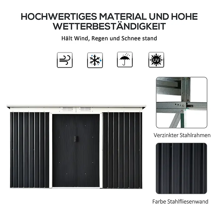 SONNENH Gerätehaus - Außenbreite inkl. Dachüberstand: 280 cm, Außentiefe inkl. Dachüberstand: 130 cm, Stahl, Grau